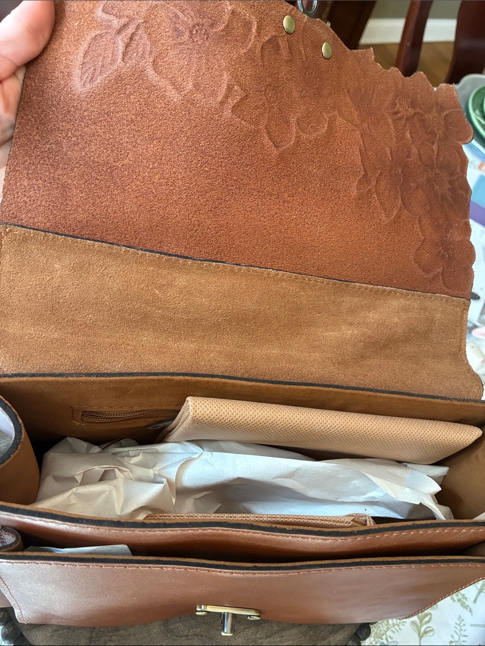 Patricia Nash Embossed Floral Leather Satchel/Crossbody- Tan - Picture 5 of 9